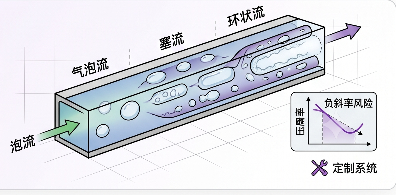 流动沸腾微通道机理：微通道内出现气泡流、塞流与环状流，存在压降负斜率和均流控制风险