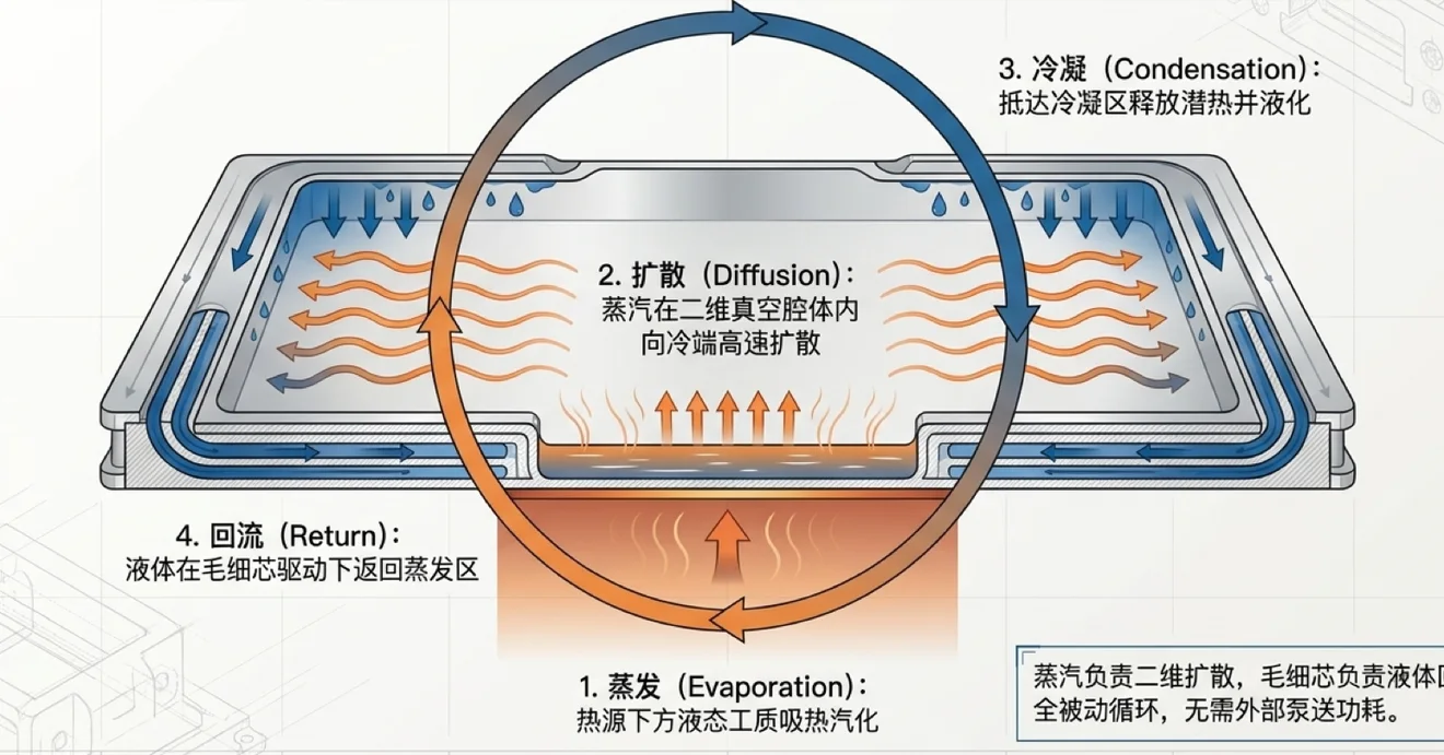 蒸汽腔均温板剖面示意，展示蒸发、扩散、冷凝和回流的相变循环路径
