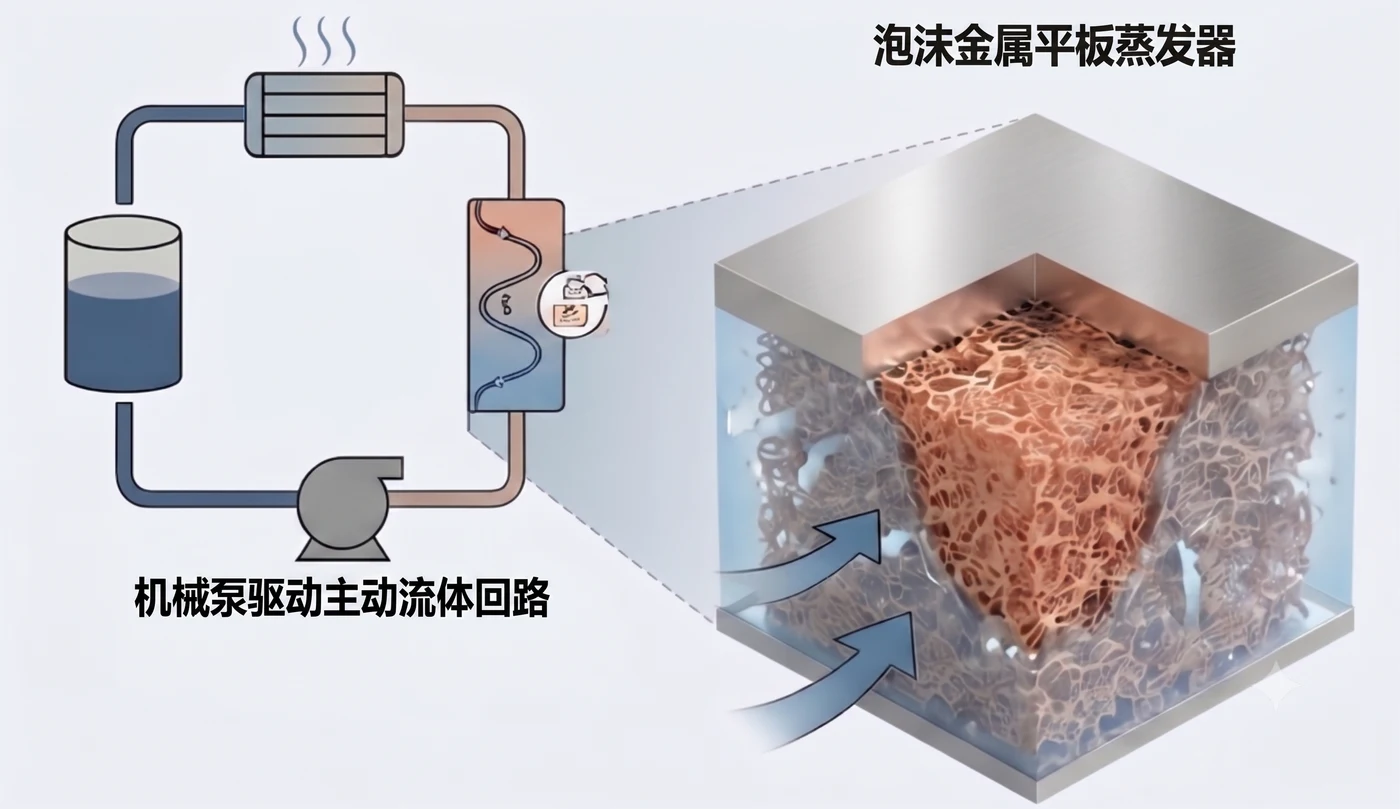 泡沫金属平板蒸发器：机械泵驱动主动流体回路把工质送入平板蒸发器，泡沫金属芯以薄膜沸腾完成第一级高热流取热