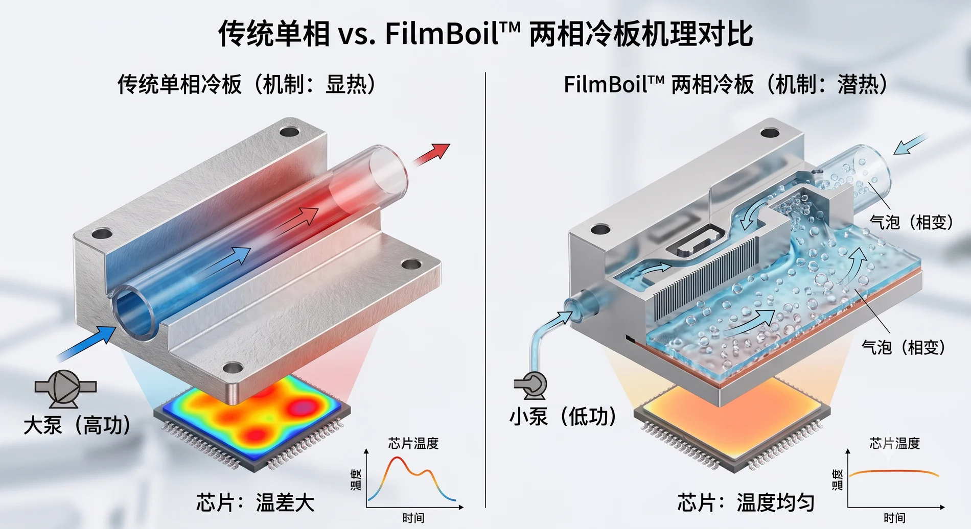 传统单相冷板与 FilmBoil 两相冷板机理对比：单相显热取热温差大，两相潜热取热温度均匀